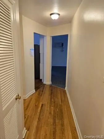 a view of a hallway with wooden floor and closet