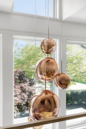 a room with a large window and table