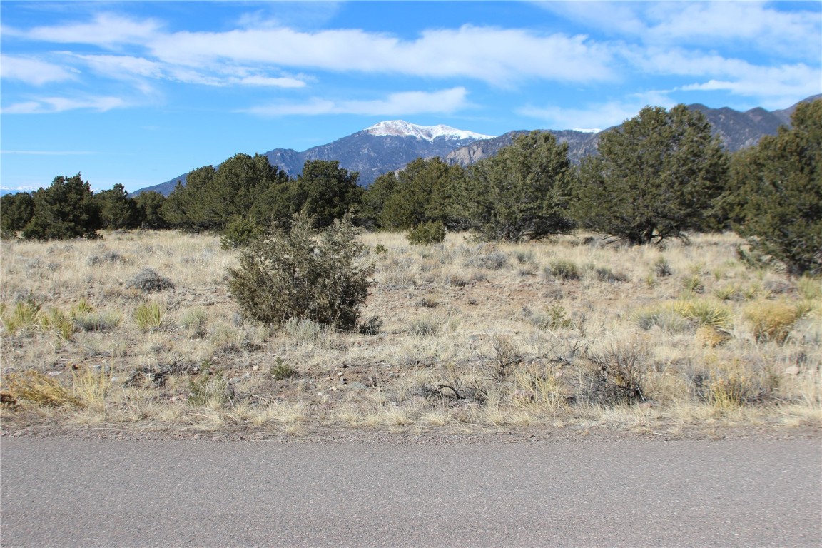 a view of a dry yard with mountains in the background