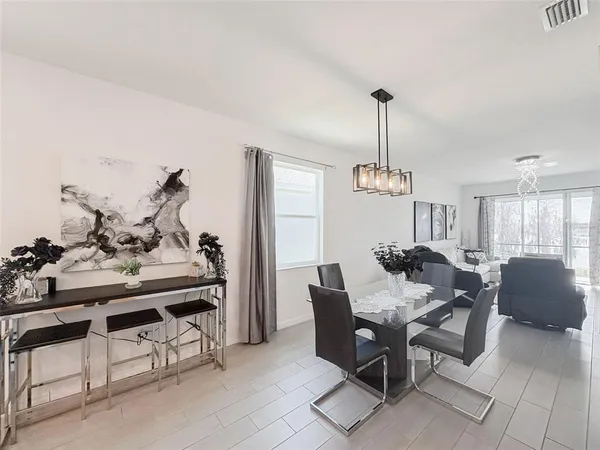 a view of a dining room with furniture