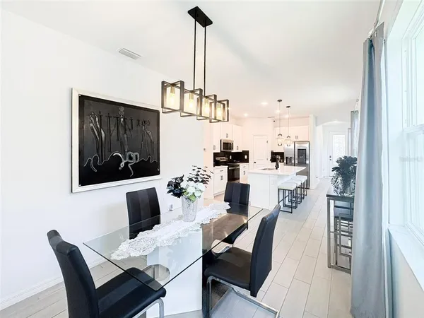 a view of a dining room with furniture