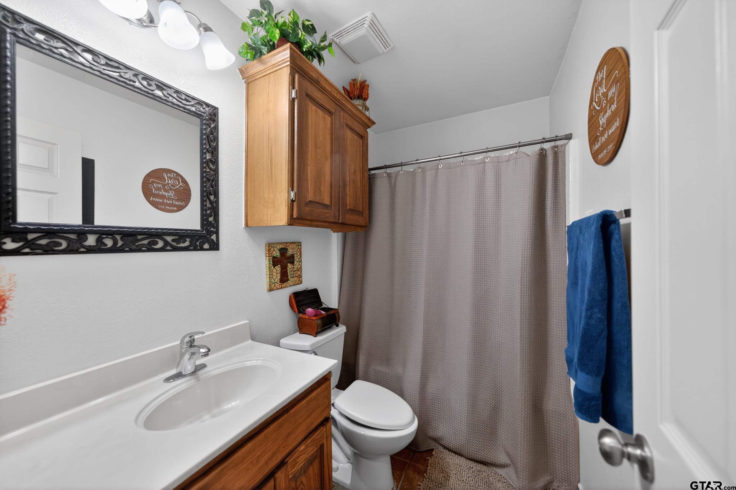 11274 Meadows Drive Flint, TX 75762 - Photo 34 of 43 a bathroom with a sink a toilet and a mirror