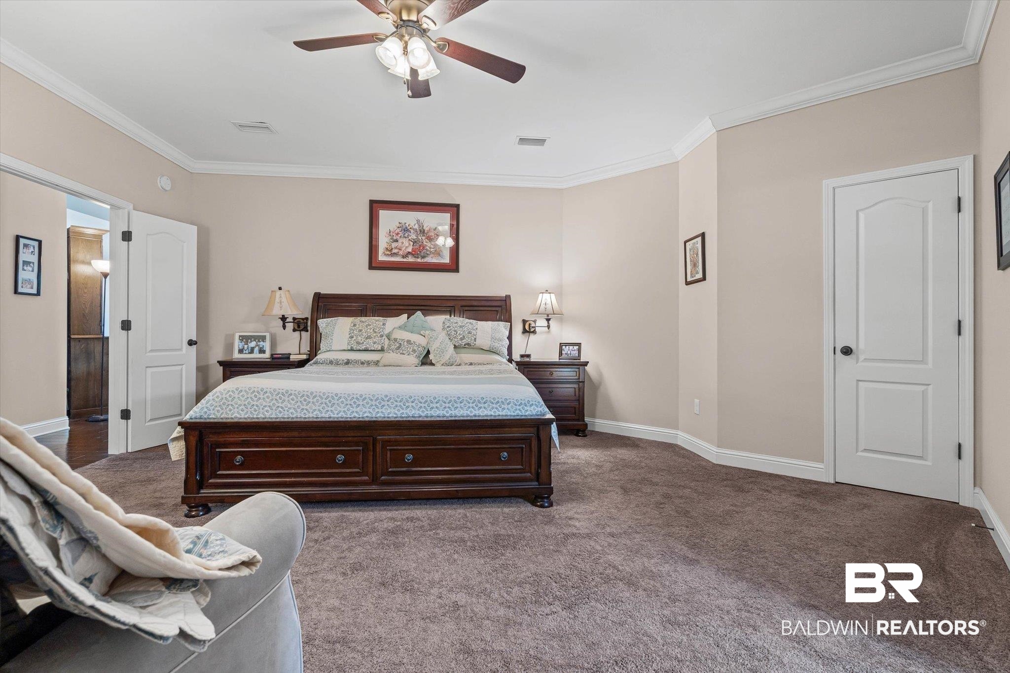 6175 South Grand Bay Wilmer Road Grand Bay, AL 36541 - Photo 11 of 42 Carpeted bedroom with crown molding and ceiling fan
