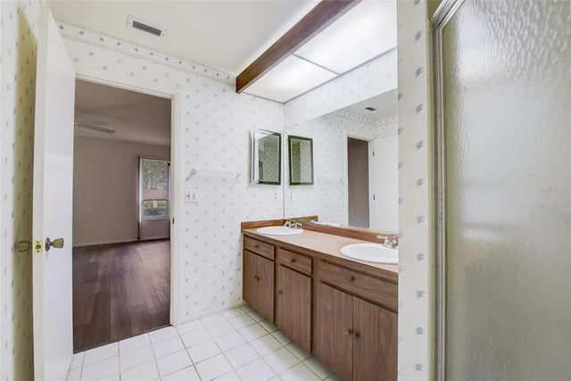 a bathroom with a sink and a mirror