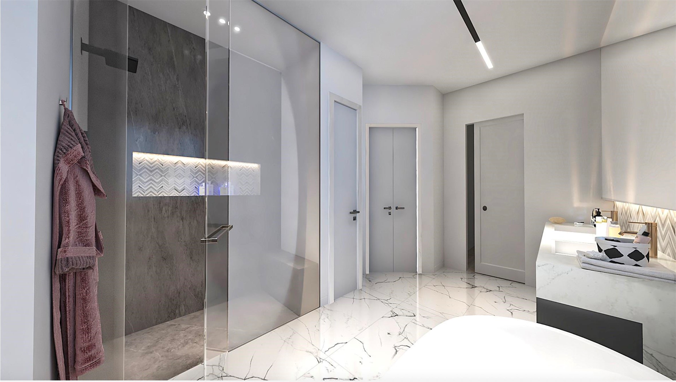 2312 West Main Street Houston, TX 77098 - Photo 14 of 34 This modern bathroom features sleek marble flooring, a spacious glass-enclosed shower with stylish tile accents, and a contemporary vanity with ample lighting and storage.