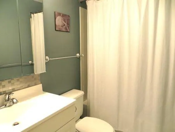 a bathroom with a sink a toilet and shower curtain