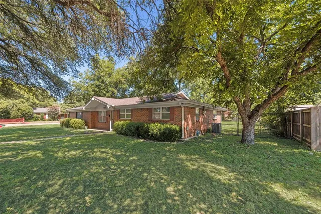 a view of a big yard with plants and large trees
