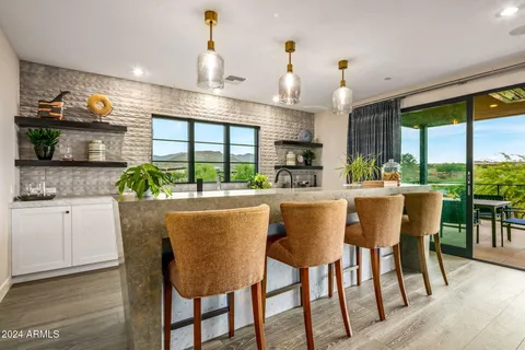 an outdoor space with furniture