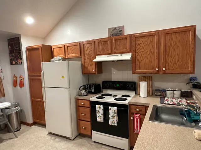 a kitchen with a refrigerator a stove a sink and cabinets