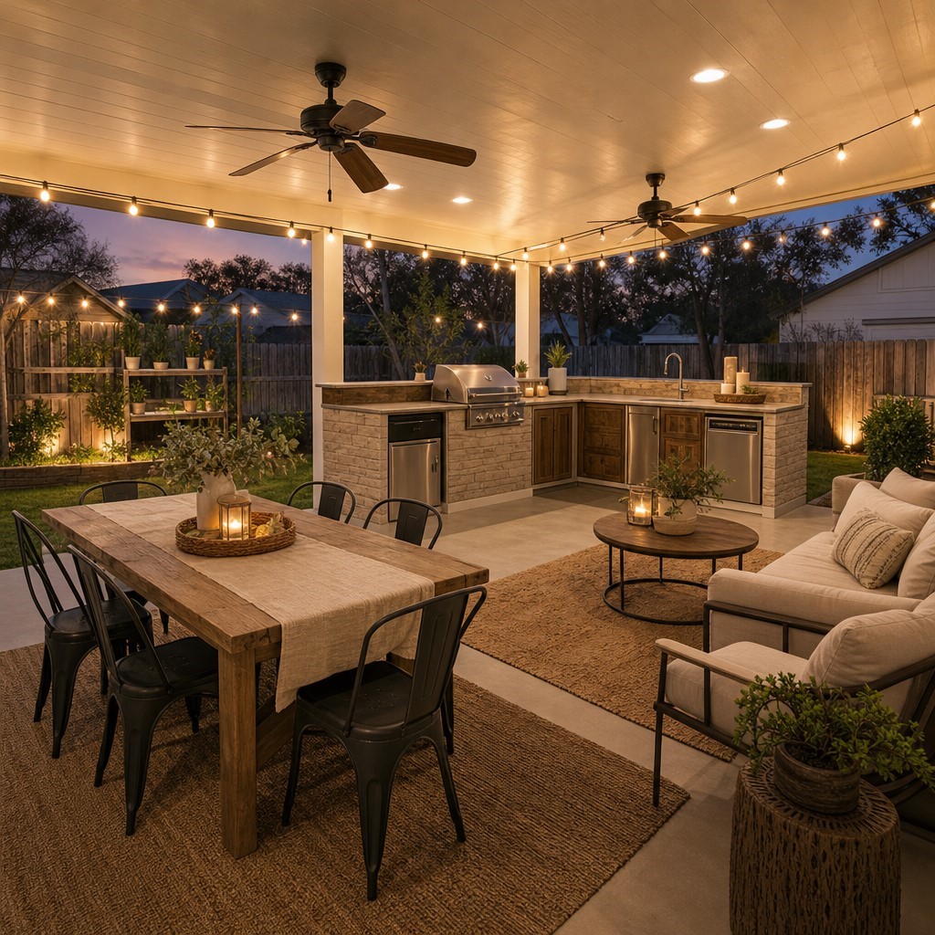 21514 Slippery Creek Lane Spring, TX 77388 - Photo 2 of 17 Enjoy a spacious, covered outdoor kitchen with built-in grill, ample counter space, and room for dining and lounging. With ceiling fans, lighting, and a seamless flow to the backyard, this patio is perfect for year-round entertaining and relaxed Texas living.