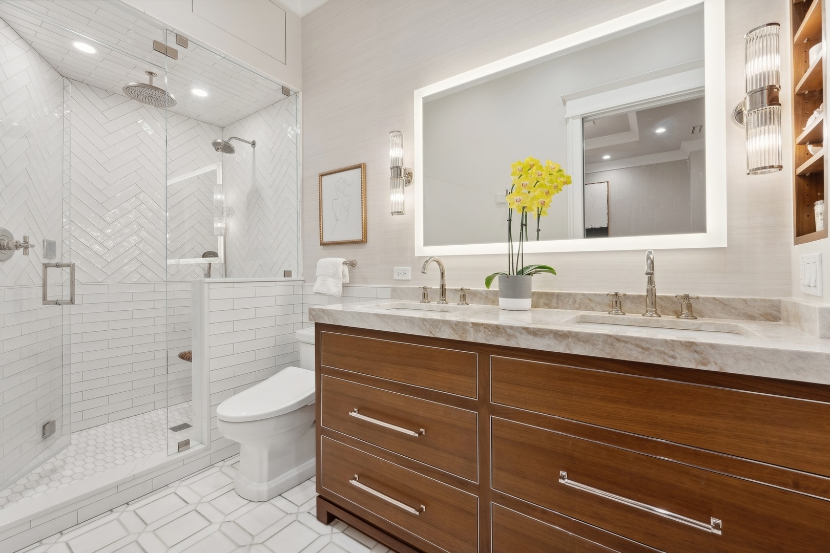 558 West Fullerton Parkway Chicago, IL 60614 - Photo 15 of 40 a bathroom with a granite countertop sink a toilet and shower