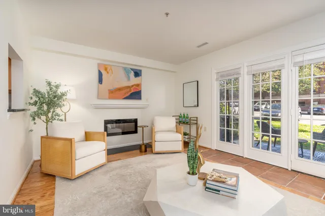 a living room with furniture a fireplace and a potted plant