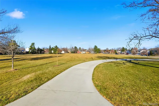a view of a swimming pool and an outdoor space