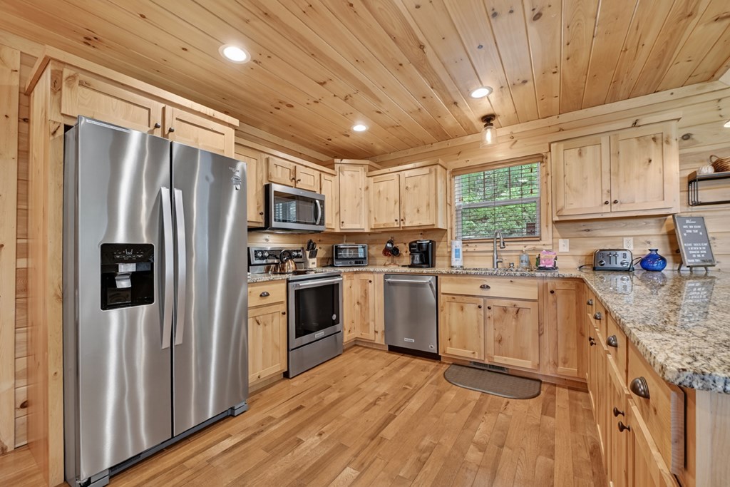 291 Tower Road Mineral Bluff, GA 30559 - Photo 28 of 55 a kitchen with granite countertop stainless steel appliances a refrigerator sink and microwave