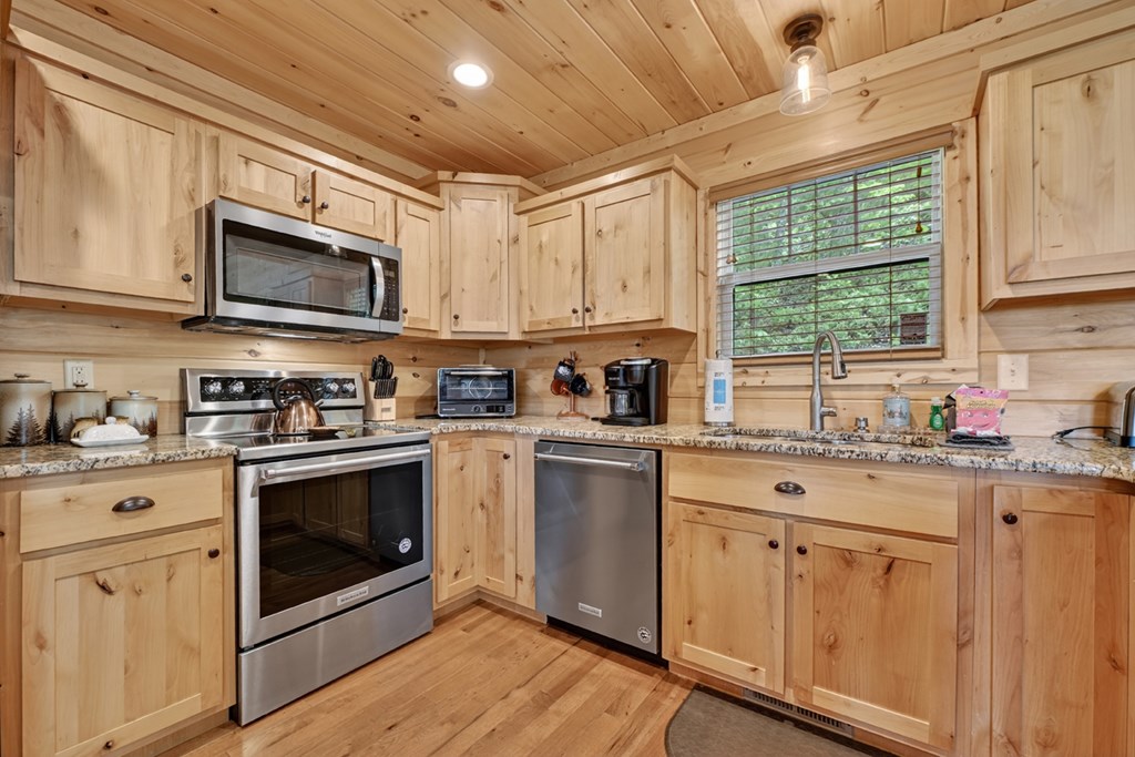 291 Tower Road Mineral Bluff, GA 30559 - Photo 29 of 55 a kitchen with stainless steel appliances granite countertop a stove sink microwave and cabinets