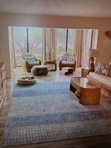 a living room with furniture and large windows