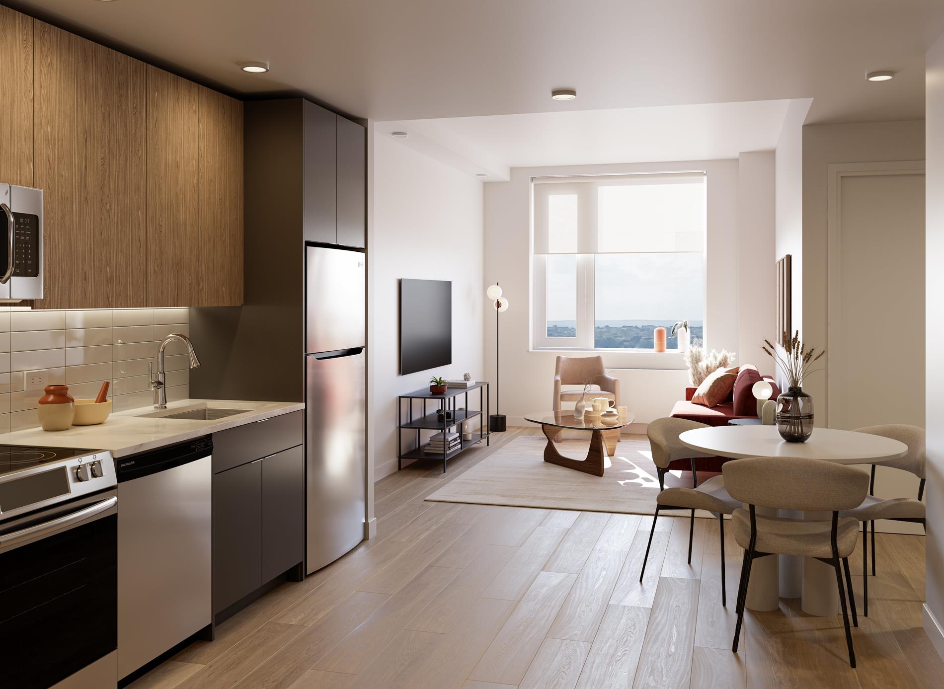 1440 Amsterdam Avenue, Unit 1212 Manhattan, NY 10027 - Photo 2 of 21 a living room with stainless steel appliances granite countertop furniture wooden floor and a view of kitchen