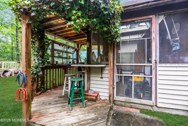 a garden view with a seating space