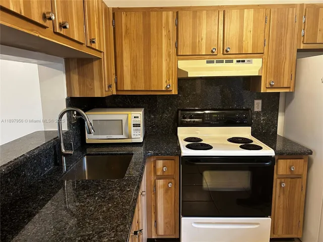 a kitchen with granite countertop a stove a sink and a microwave