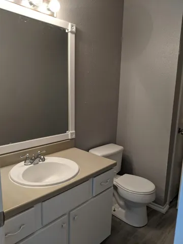 a bathroom with a sink a toilet and a mirror