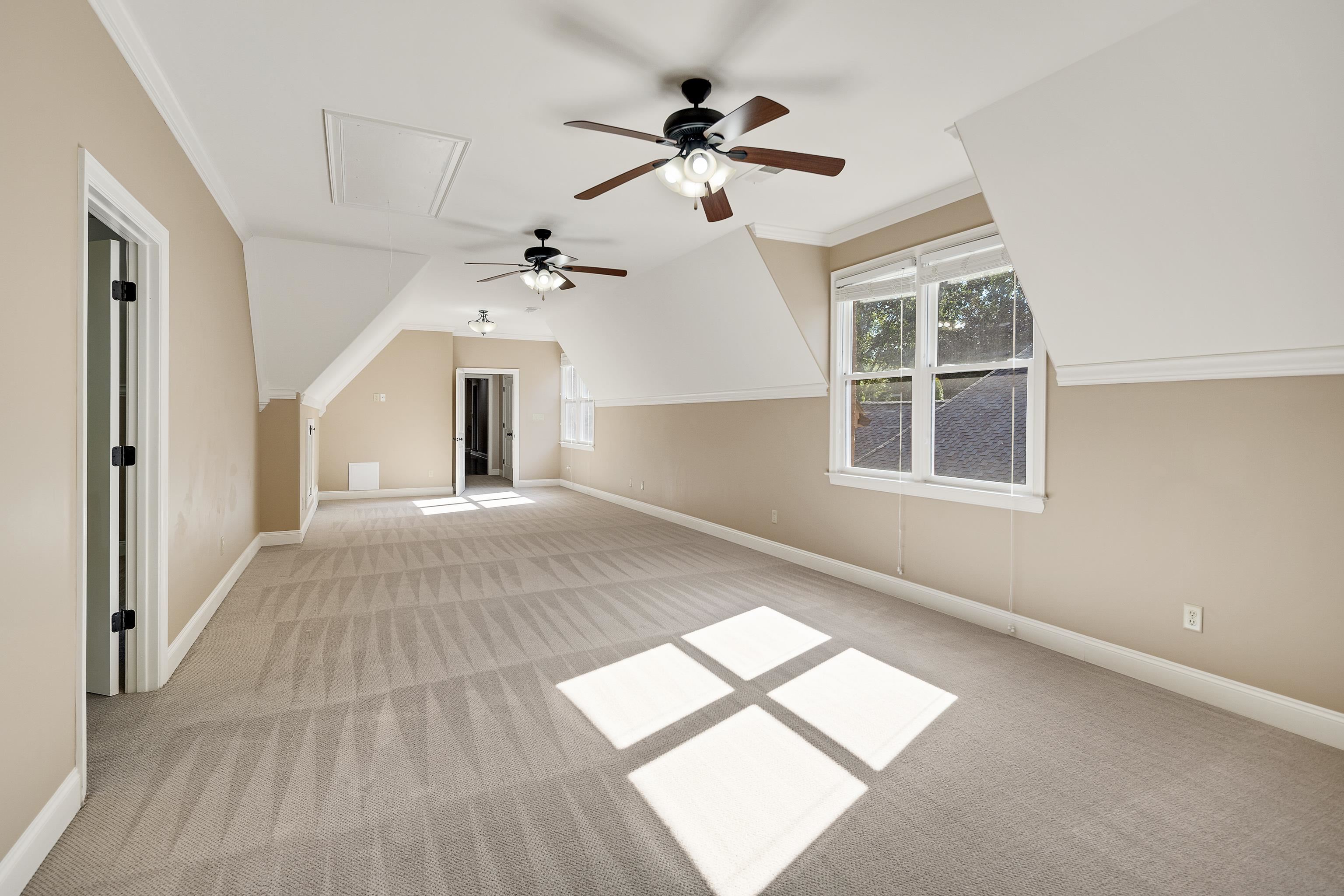 425 Buckland Cove Eads, TN 38028 - Photo 22 of 29 Empty room featuring ornamental molding, ceiling fan, light colored carpet, attic access, and vaulted ceiling