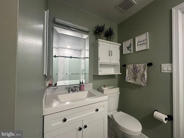 a bathroom with a sink mirror vanity and toilet