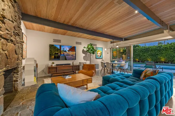 a living room with furniture a fireplace and a potted plant