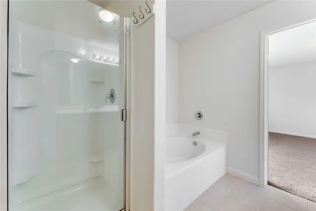 a bathroom with a bathtub and shower