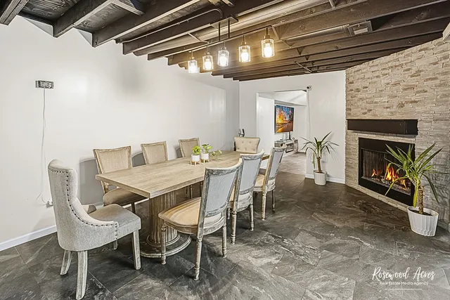 a view of a dining room with furniture