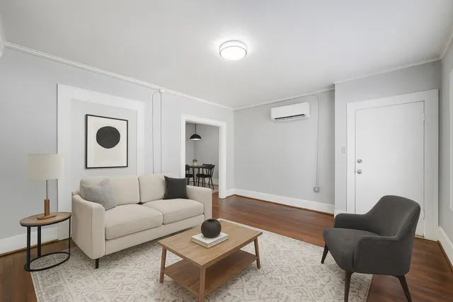 a living room with furniture and a rug