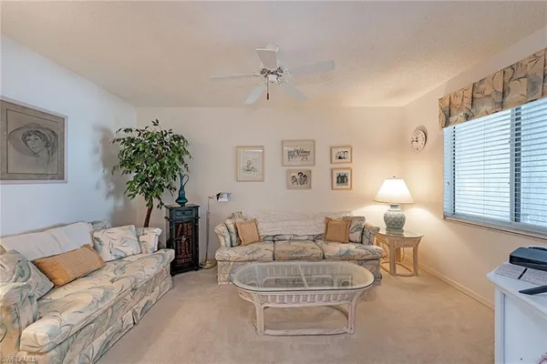 a living room with furniture and a potted plant
