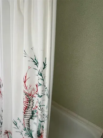a bathroom with a bathtub and shower curtain