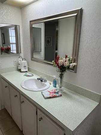a bathroom with a sink and a mirror