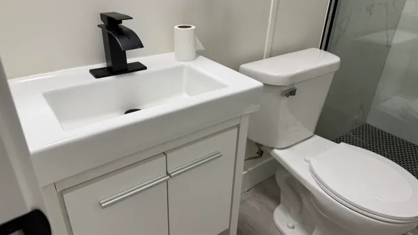 a bathroom with a sink a toilet and a mirror