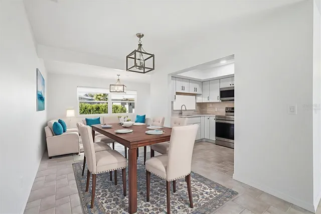 a view of a dining room with furniture