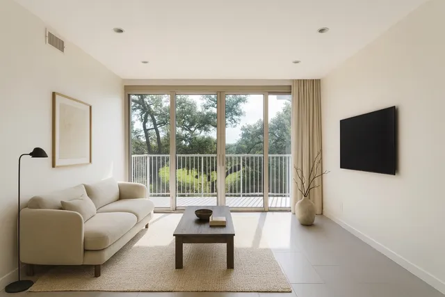 a living room with furniture a flat screen tv and a floor to ceiling window