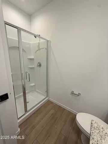 a bathroom with a shower and toilet