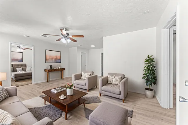 a living room with furniture and a potted plant
