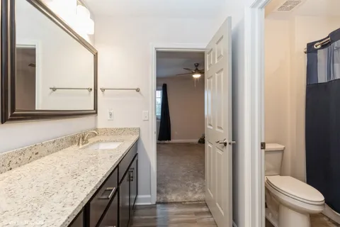 a bathroom with a granite countertop sink toilet and shower