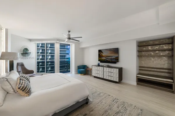 a bedroom with a bed and flat screen tv