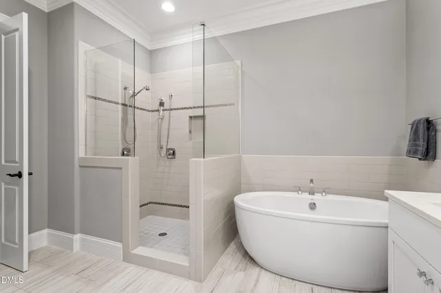 a bathroom with a bathtub and a shower