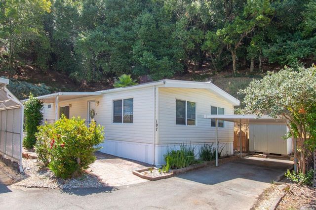 a view of a house with a yard and potted plants
