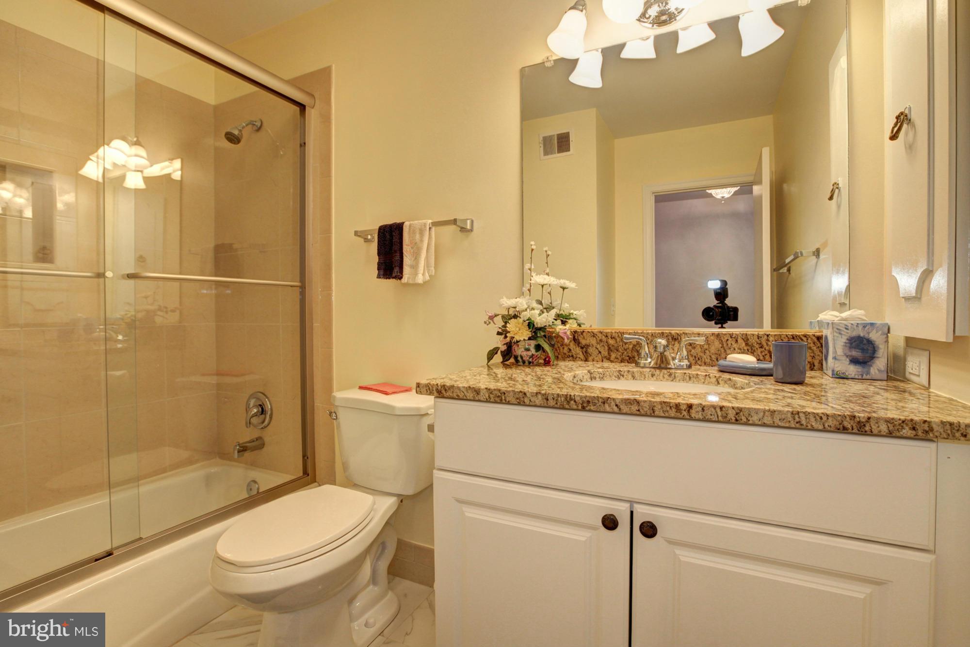 4817 Sangamore Road, Unit 8 Bethesda, MD 20816 - Photo 22 of 28 a bathroom with a granite countertop sink toilet mirror and shower