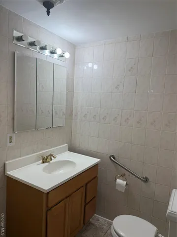 a bathroom with a sink vanity and toilet