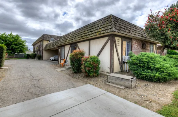 a backyard of a house with plants and barbeque oven