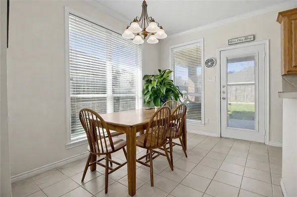 a view of a dining room with furniture and window