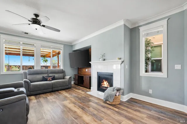 a living room with furniture a flat screen tv and a fireplace