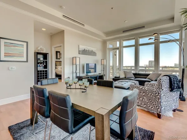 a view of a dining room with furniture
