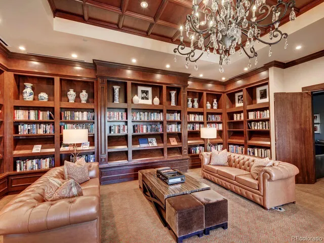a living room with furniture and a book shelf