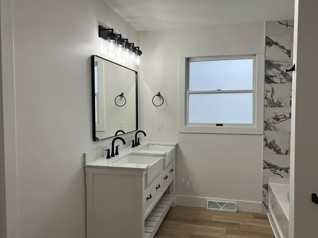 a bathroom with a bathtub